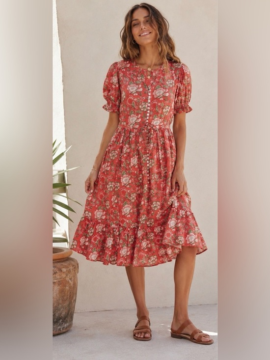 The Fox and The Mermaid Dresses & Skirts - The Fox &the Mermaid Venice Floral Boho Midi Dress coral cotton peasant prairie